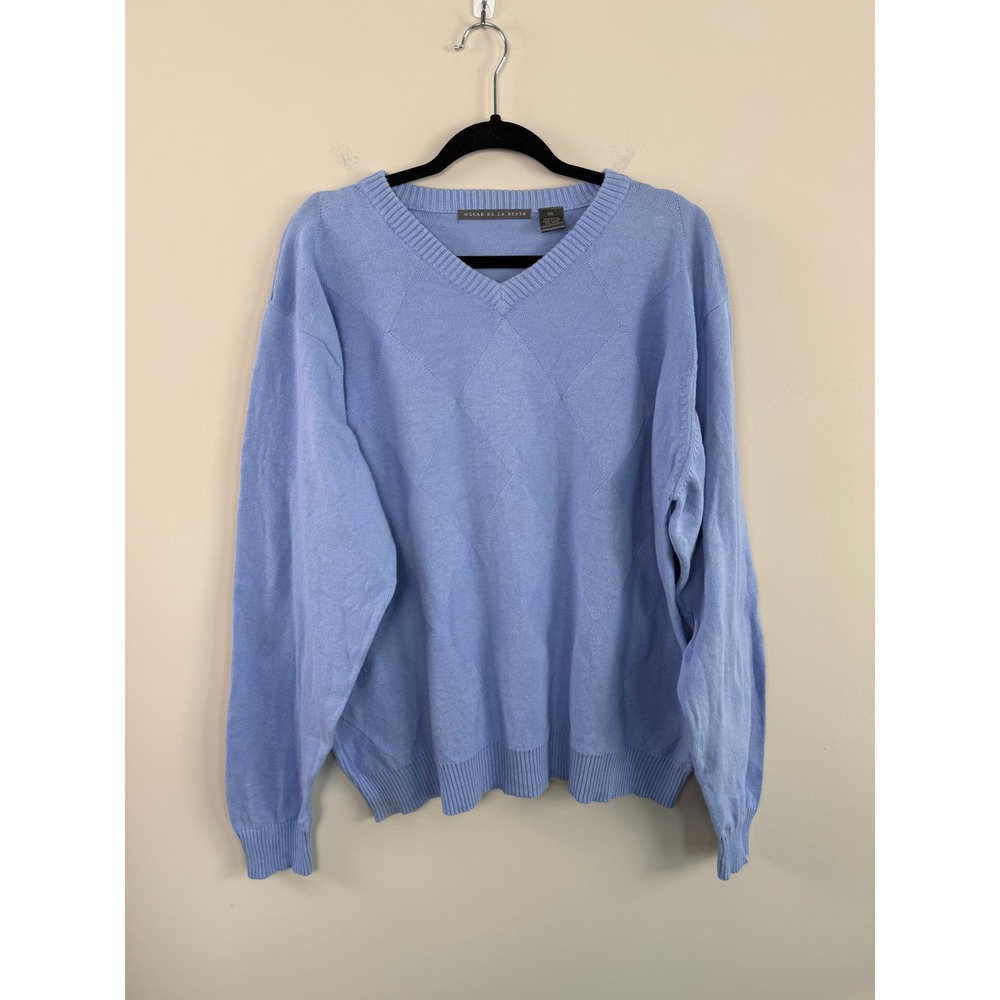 Oscar de la Renta Sweater Blue XXL V-Neck Argyle Cotton Knit Minimalist
